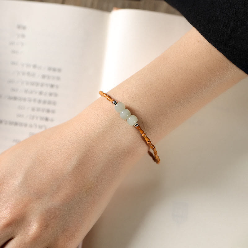 Wear FengShui Natural Olive Pit Bamboo Pattern Hetian Jade Beads Luck Bracelet