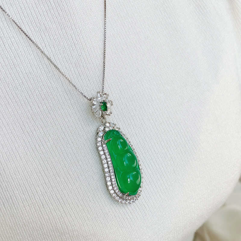 Wear FengShui Fortune Bean Cyan Jade Luck Necklace Pendant