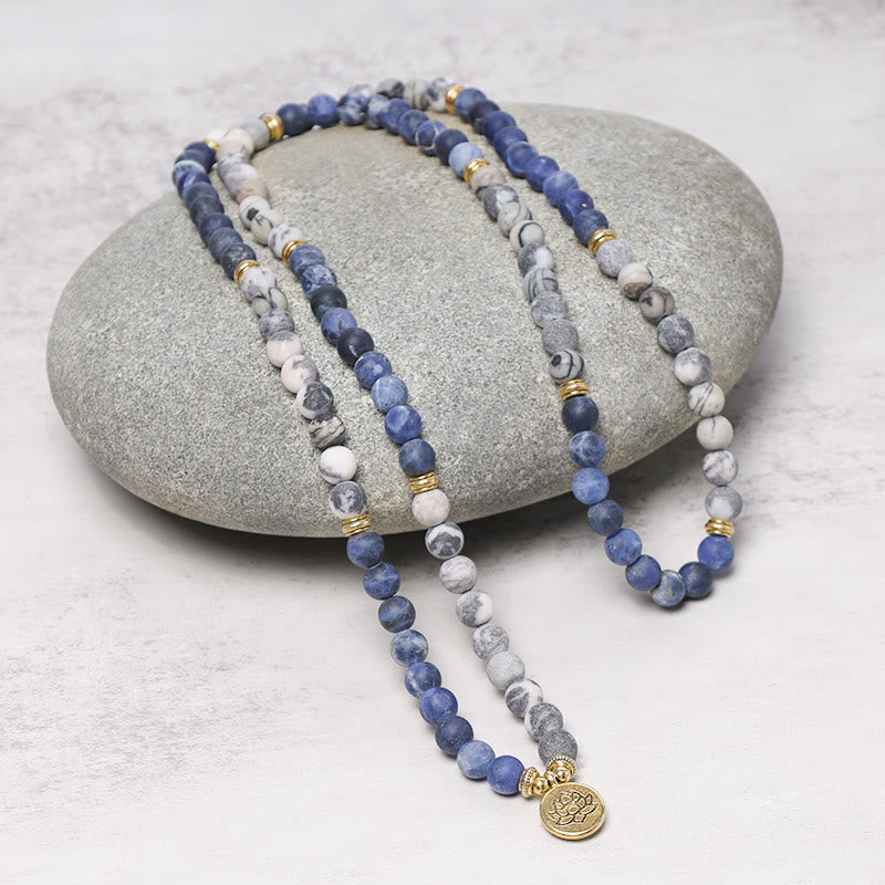 Wear FengShui 108 Natural Picasso Jasper & Blue Stone Mala Bead Lotus Pendant Bracelet