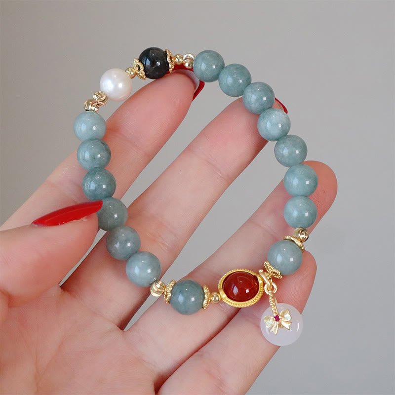 Wear FengShui Natural Jade Red Agate Pearl Bow Tie Luck Bracelet