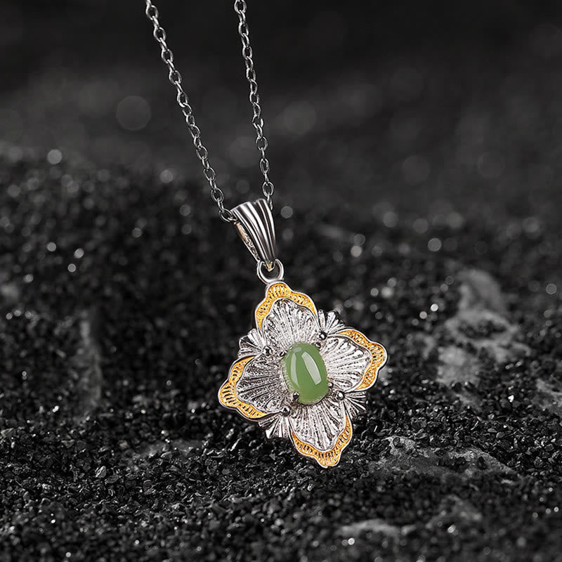 Wear FengShui 925 Sterling Silver Plated Gold Hetian Cyan Jade Rhombus Design Luck Healing Necklace Pendant