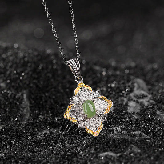 Wear FengShui 925 Sterling Silver Plated Gold Hetian Cyan Jade Rhombus Design Luck Healing Necklace Pendant