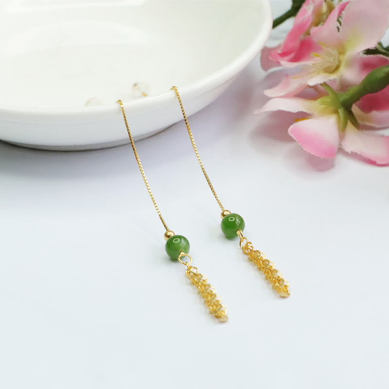 Wear FengShui 925 Sterling Silver Natural Hetian Cyan Jade Bead Luck Phoenix Tail Drop Earrings