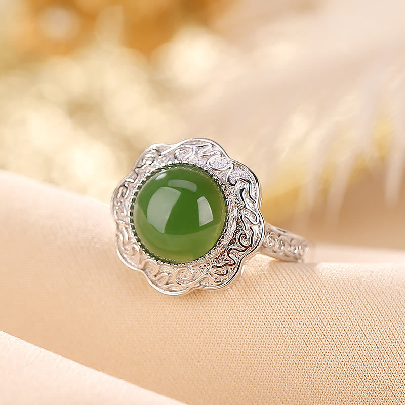 Wear FengShui 925 Sterling Silver Hetian Cyan Jade Flower Design Luck Adjustable Ring