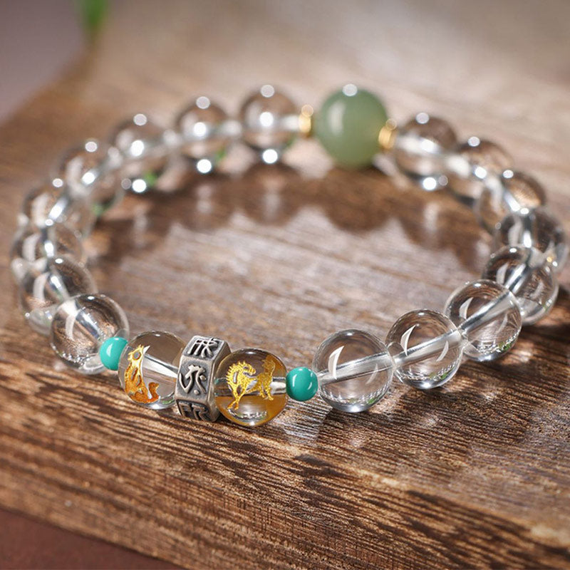 Wear FengShui 925 Sterling Silver Chinese Zodiac Natal Buddha Auspicious Groups White Crystal Hetian Jade Healing Bracelet