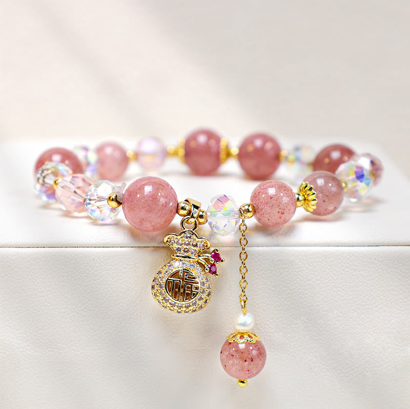 Wear FengShui Natural Strawberry Quartz Crystal Money Bag Charm Positive Bracelet