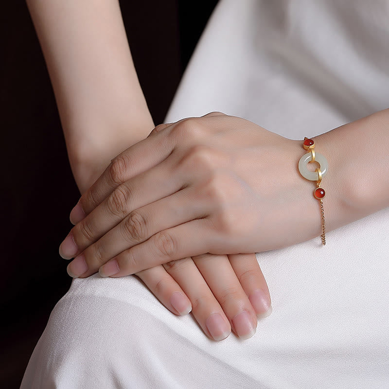 Wear FengShui 925 Sterling Silver Plated Gold Natural Hetian Jade Peace Buckle Red Agate Luck Bracelet