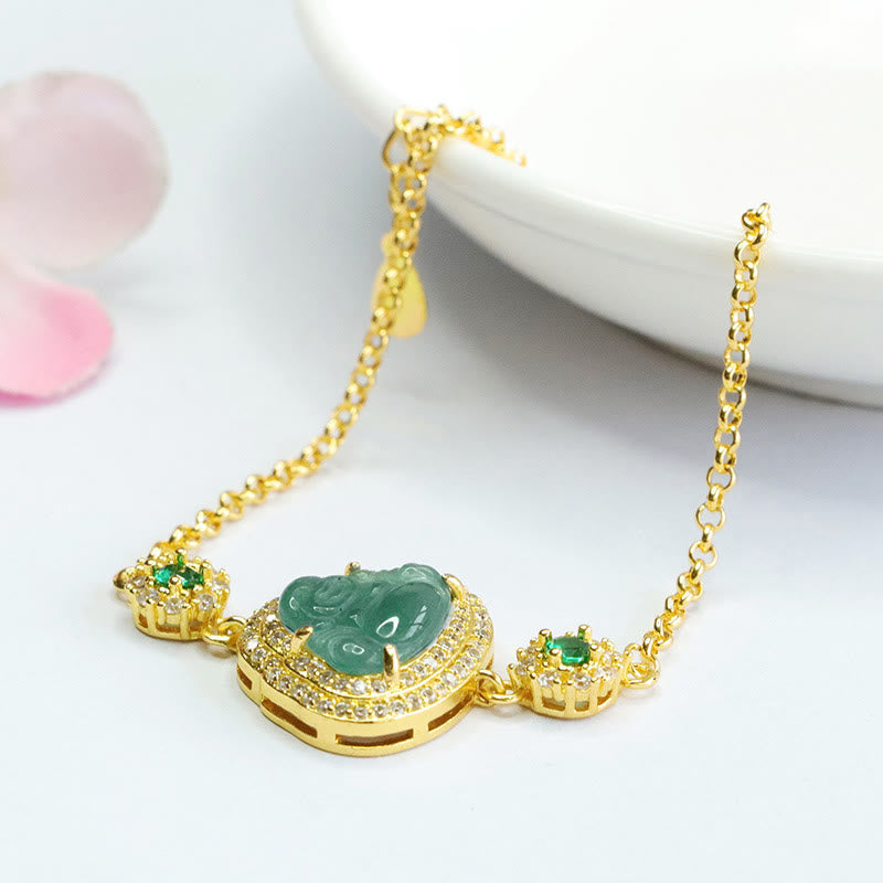Wear FengShui Laughing Buddha Green Jade Zircon Luck Chain Bracelet