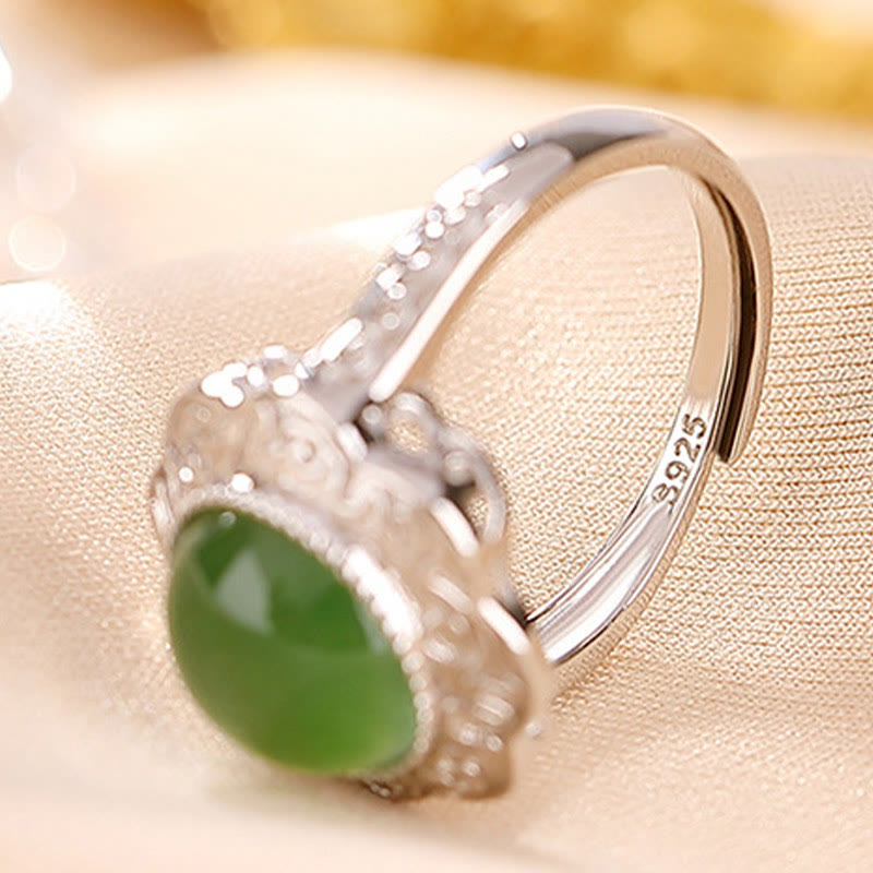 Wear FengShui 925 Sterling Silver Hetian Cyan Jade Flower Design Luck Adjustable Ring