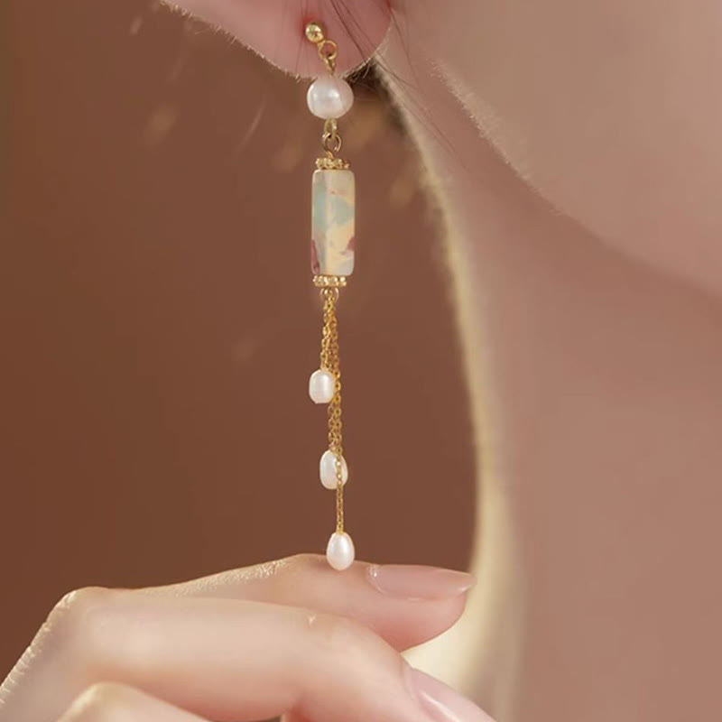 Wear FengShui 925 Sterling Silver Posts Shoushan Stone Pearl Healing Drop Earrings
