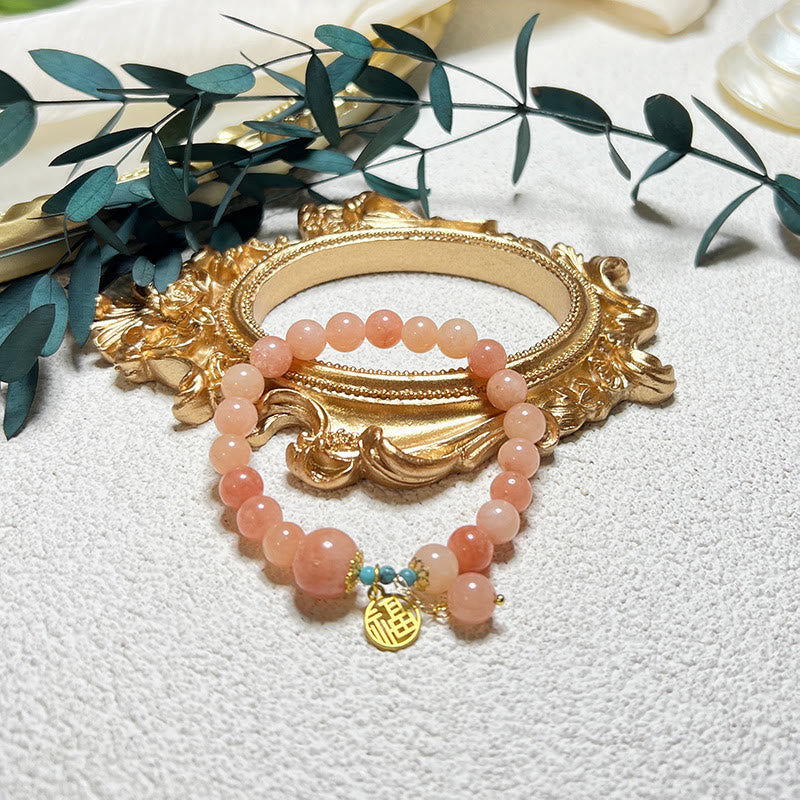 Wear FengShui Natural Orange Stone Turquoise Fu Character Charm Luck Fortune Bracelet