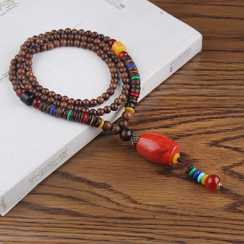 Wear FengShui Tibetan Wenge Wood Bodhi Seed Agate Balance Peace Necklace Pendant