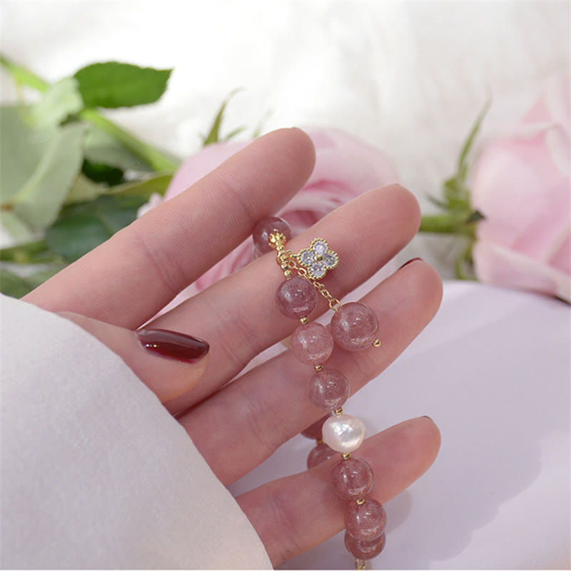 Wear FengShui Natural Strawberry Quartz Pearl Four Leaf Clover Love Bracelet