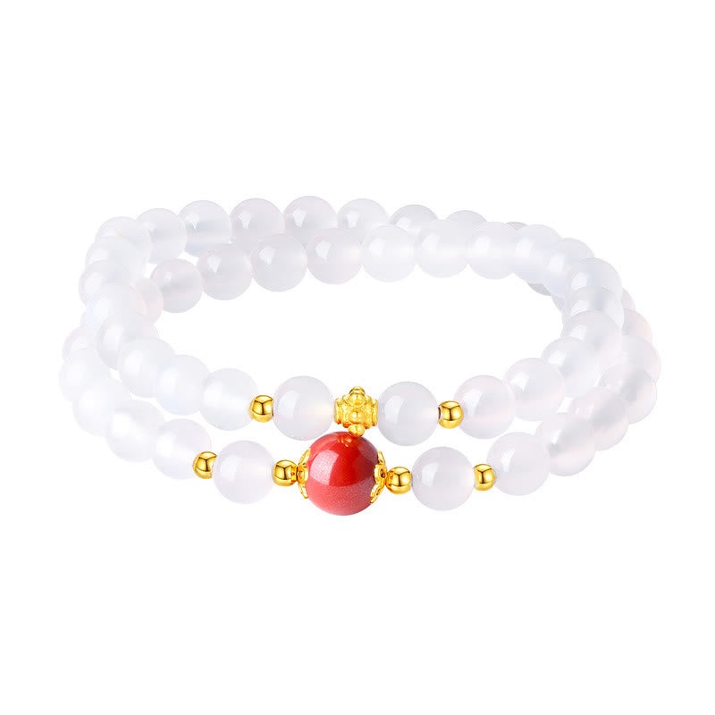 Wear FengShui 925 Sterling Silver Natural White Agate Cinnabar Double Wrap Protection Bracelet