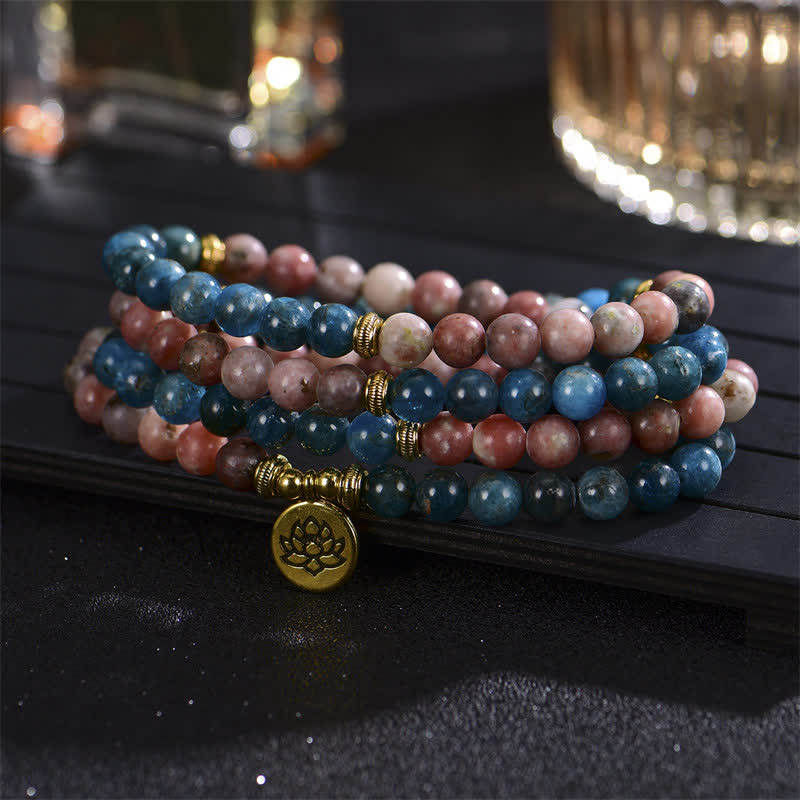 Wear FengShui Lazurite Picasso Jasper Amazonite Rhodonite Apatite Positive Lotus Prayer Bead Bracelet