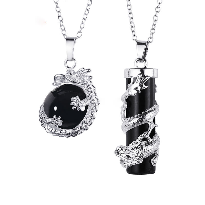 Wear FengShui 2pc Dragon Wrapped Round Ball Gemstone Couple Necklace Pendant