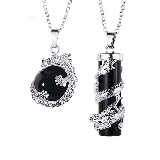 Wear FengShui 2pc Dragon Wrapped Round Ball Gemstone Couple Necklace Pendant