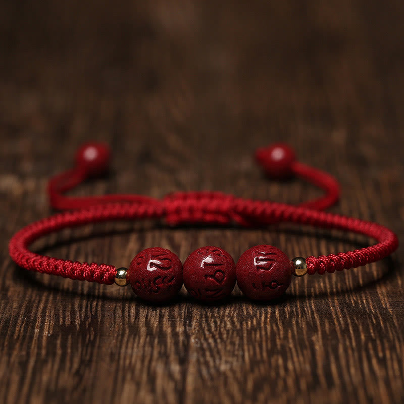 Wear FengShui Handmade Cinnabar Om Mani Padme Hum Engraved Beads Blessing Braided Bracelet
