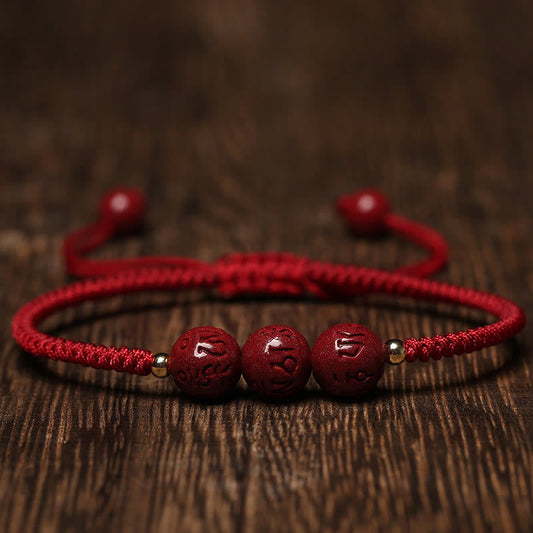 Wear FengShui Handmade Cinnabar Om Mani Padme Hum Engraved Beads Blessing Braided Bracelet