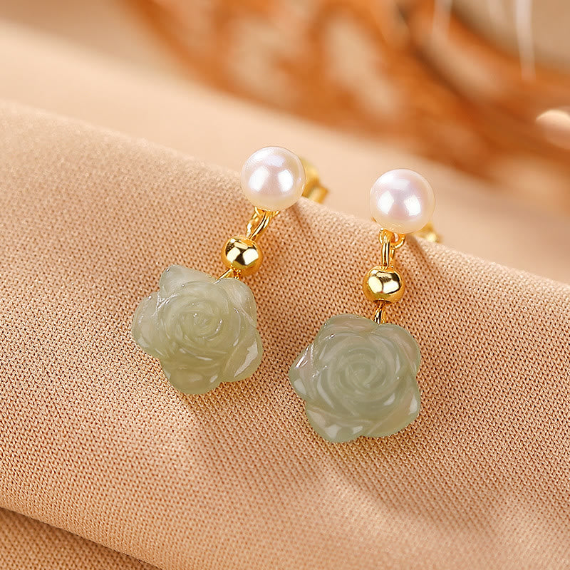 Wear FengShui 925 Sterling Silver Plated Gold Jade Rose Flower Cyan Jade Pearl Luck Earrings