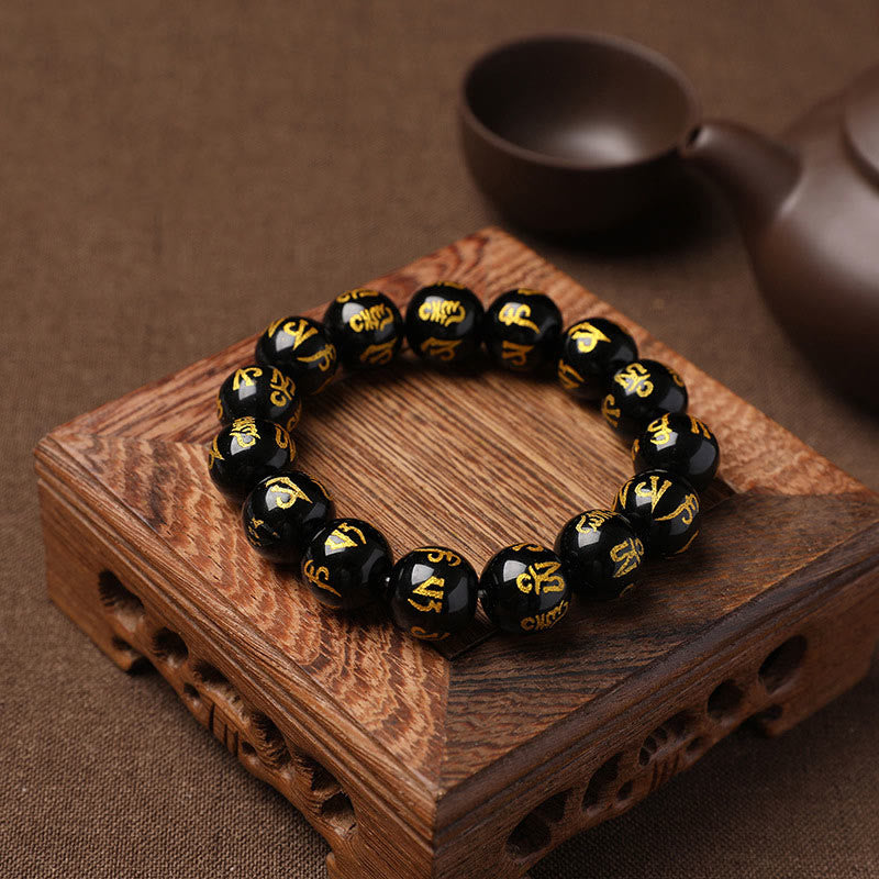 Wear FengShui Tibet White Crystal Black Onyx Om Mani Padme Hum Meditation Bracelet