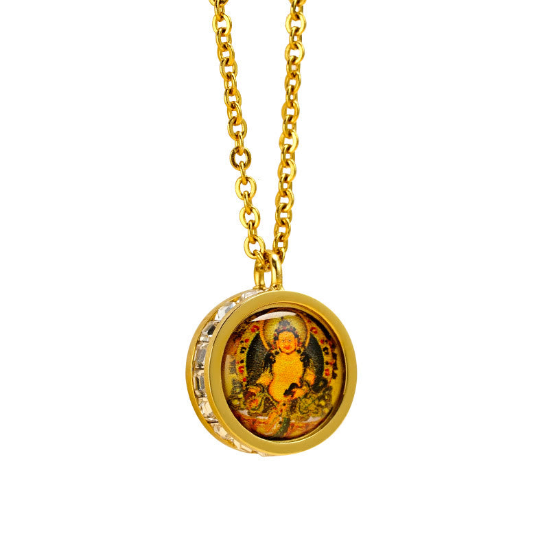 Wear FengShui Tibetan Yellow God Of Wealth Green Tara Buddha Serenity Titanium Steel Necklace Pendant