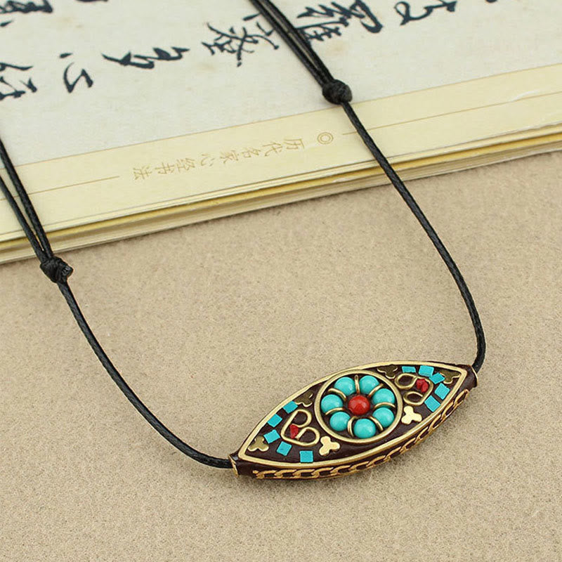 Wear FengShui Tibet Turquoise Bead Marquise Pattern Protection Strength Necklace Pendant