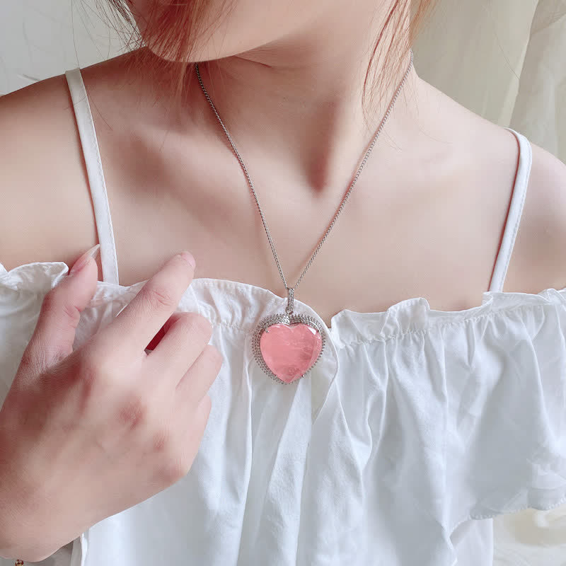 Wear FengShui Rose Quartz Crystal Love Heart Relationships Necklace Pendant