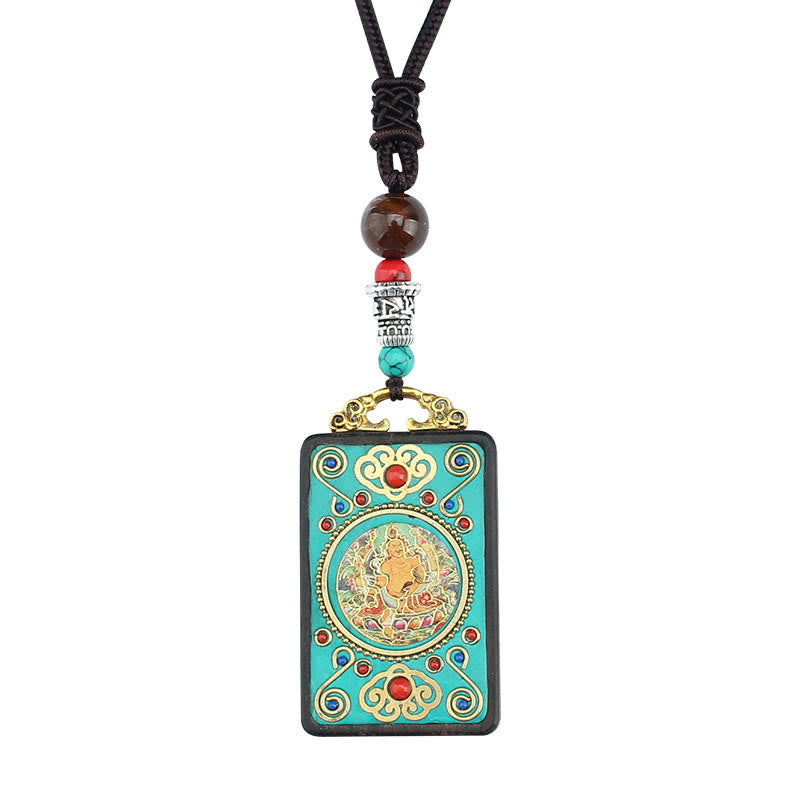 Wear FengShui Tibet God Of Wealth Money Tree Golden Phoenix Thangka Ebony Peace Necklace Pendant