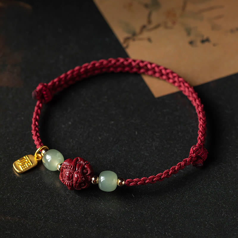 Wear FengShui Natural Cinnabar Chinese Zodiac Hetian Jade Fu Character Luck Rope Bracelet