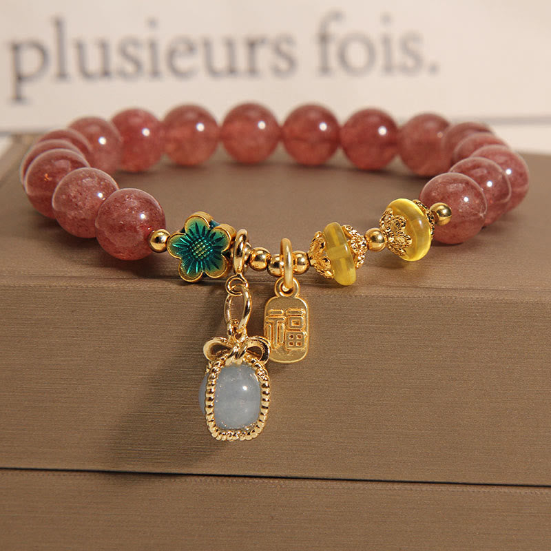 Wear FengShui Natural Strawberry Quartz Crystal Aquamarine Fortune Brand Love Bracelet