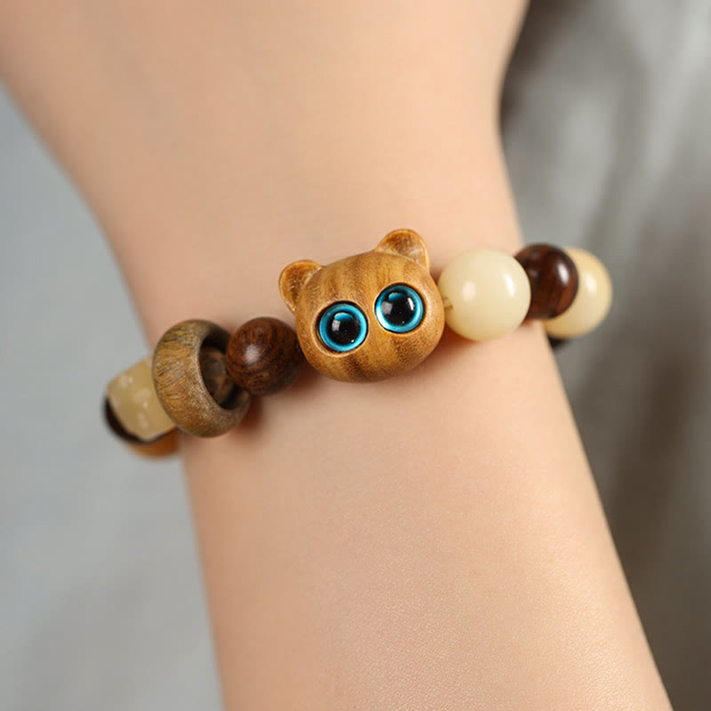 Wear FengShui Natural Bodhi Seed Sandalwood Lucky Cute Cat Head Paw Claw Peace Bracelet