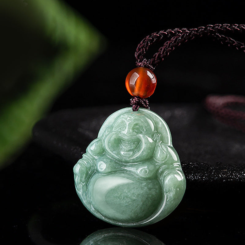 Wear FengShui Laughing Buddha Cyan Jade Success Necklace String Pendant