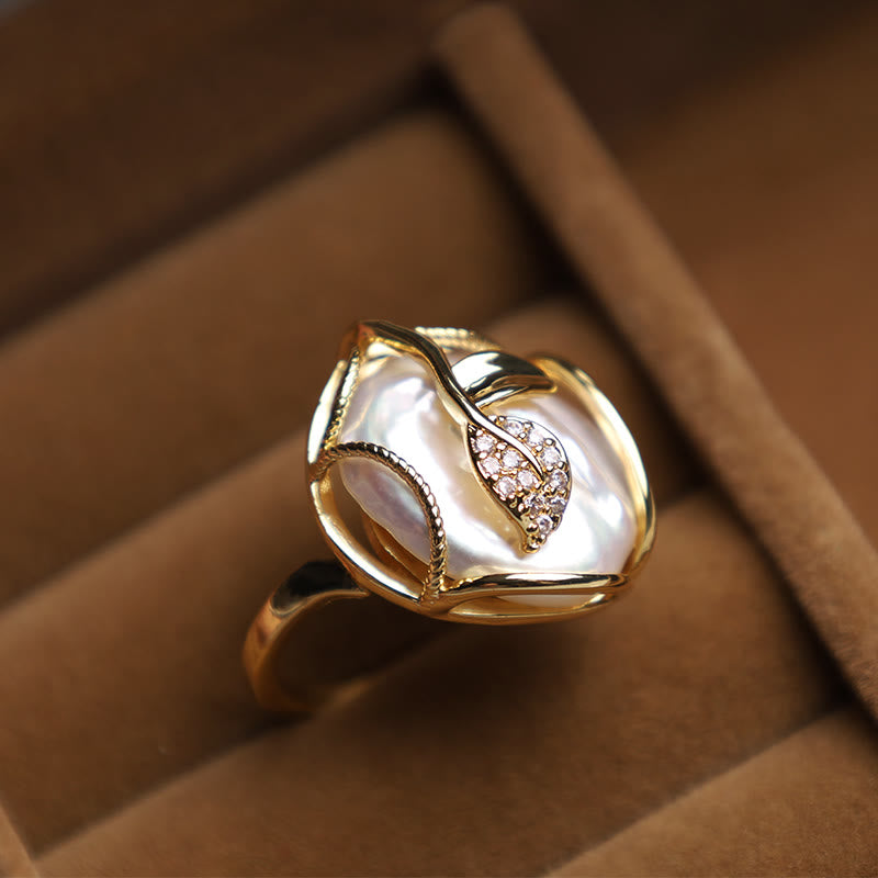 Wear FengShui Pearl Copper Plated Gold Flower Happiness Wealth Ring