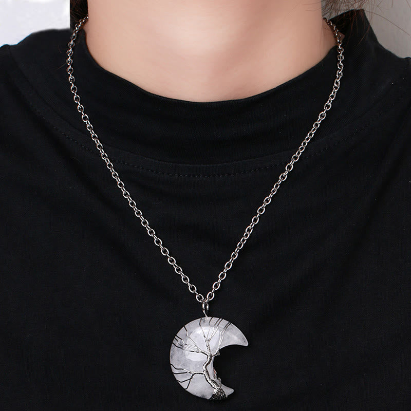 Wear FengShui Natural Quartz Crystal Moon Tree Of Life Healing Energy Necklace Pendant