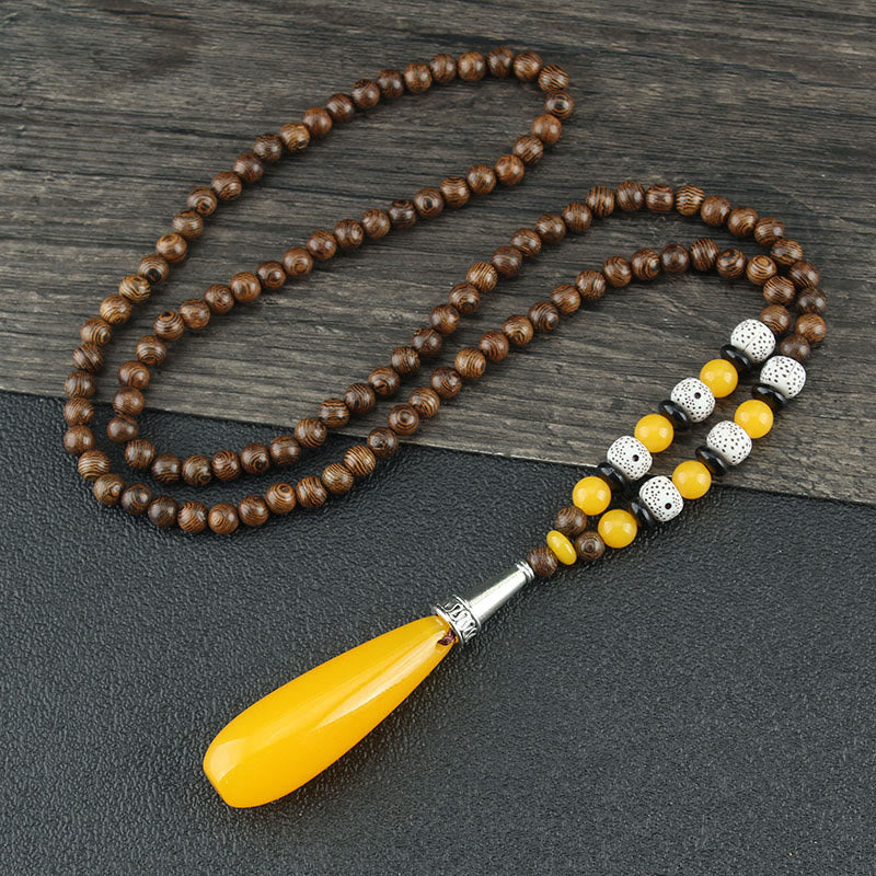 Wear FengShui Tibetan Wenge Wood Bodhi Seed Agate Balance Peace Necklace Pendant