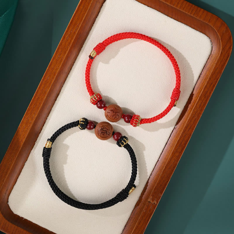 Wear FengShui Natural Peach Wood Chinese Zodiac Fu Character Carved Cinnabar Wealth Bracelet