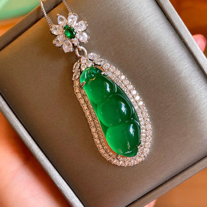 Wear FengShui Fortune Bean Cyan Jade Luck Necklace Pendant