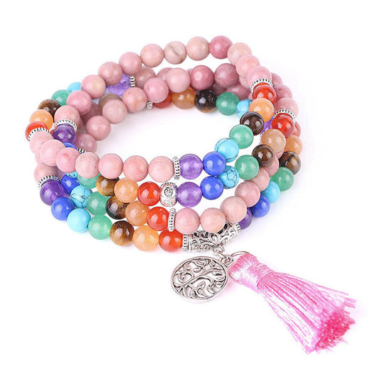 Wear FengShui 108 Mala Beads Rhodonite Blue Crystal Lazulite Healing Bracelet
