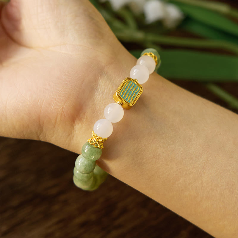 Wear FengShui Natural Green Jade White Agate Five Scriptures Abundance Bracelet