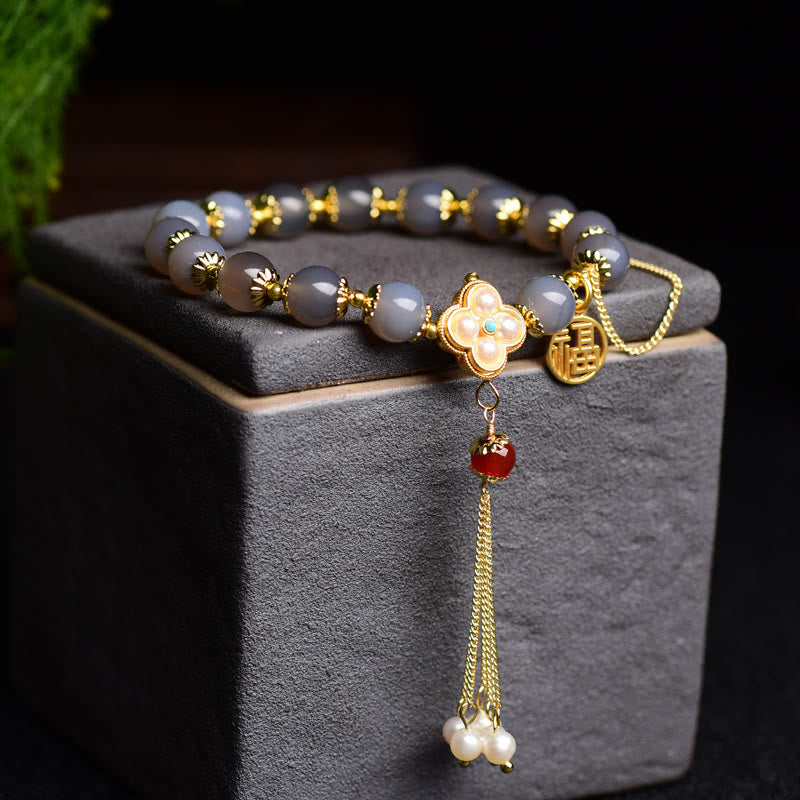 Wear FengShui Natural Gray Agate Fu Character Pearl Tassel Balance Bracelet
