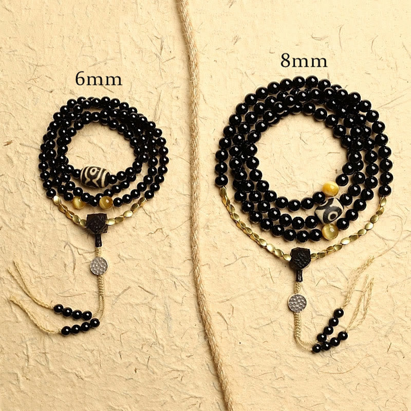 Wear FengShui Tibetan 108 Mala Beads Black Onyx Three-eyed Dzi Beads Protection Bracelet