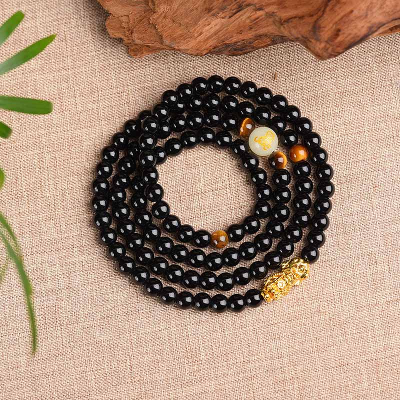 Wear FengShui Chinese Zodiac Obsidian PiXiu Protection Mala Bracelet