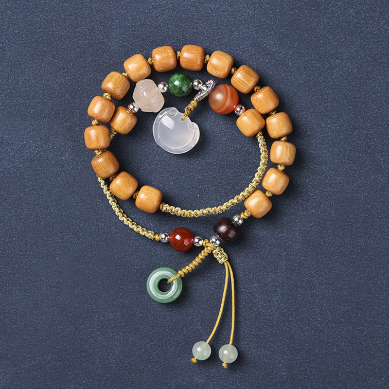 Wear FengShui Green Sandalwood Chalcedony Peace Buckle Charm Soothing Double Wrap Bracelet