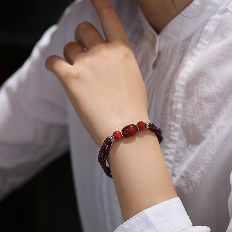 Wear FengShui Natural Garnet Red Agate Protection Triple Layer Bracelet