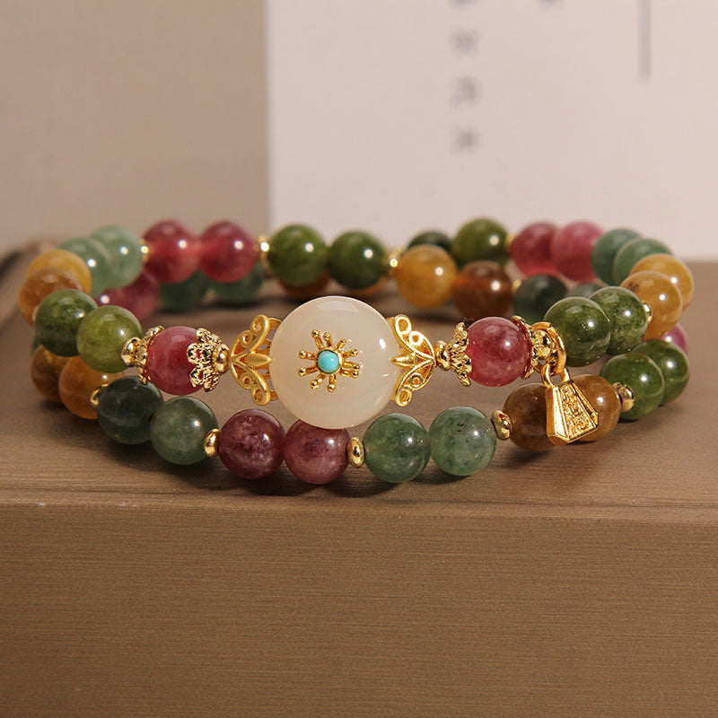 Wear FengShui Natural Multicolored Tourmaline Positive Jade Flower Double Wrap Bracelet