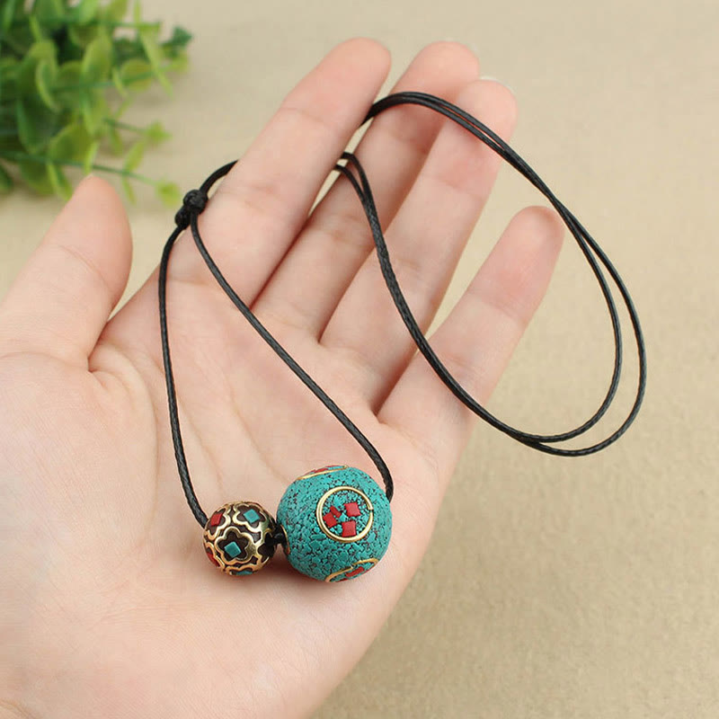 Wear FengShui Tibetan Turquoise Double Bead Protection Strength Necklace Pendant