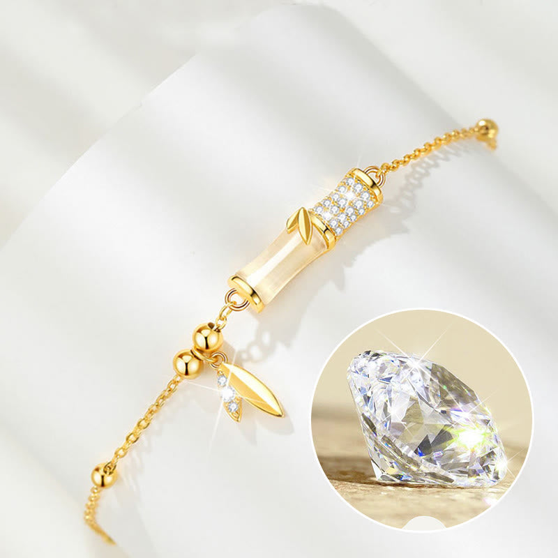 Wear FengShui 925 Sterling Silver 18K Gold Plated White Jade Bamboo Zircon Leaf Luck Bracelet