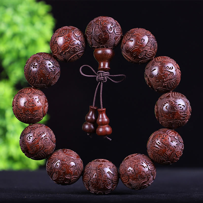 Wear FengShui Chinese Zodiac Rosewood Ebony Copper Coin PiXiu Carved Warmth Bracelet