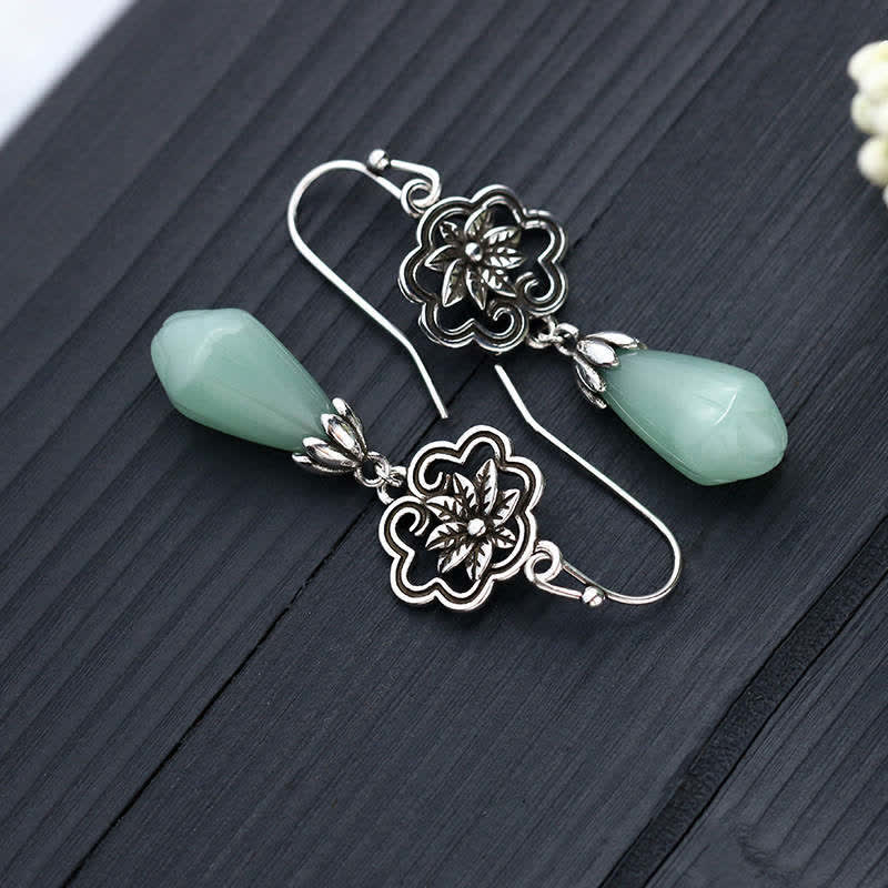 Wear FengShui Magnolia Flower Jade Water Drop Prosperity Dangle Earrings
